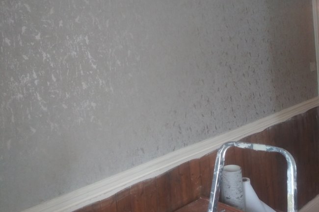 Wallpaper covering on half lengh walls in lounge.