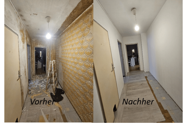 Entfernen der alten Tapete, verspachteln und streichen