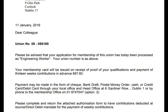 Proof of engineers trade union membership
